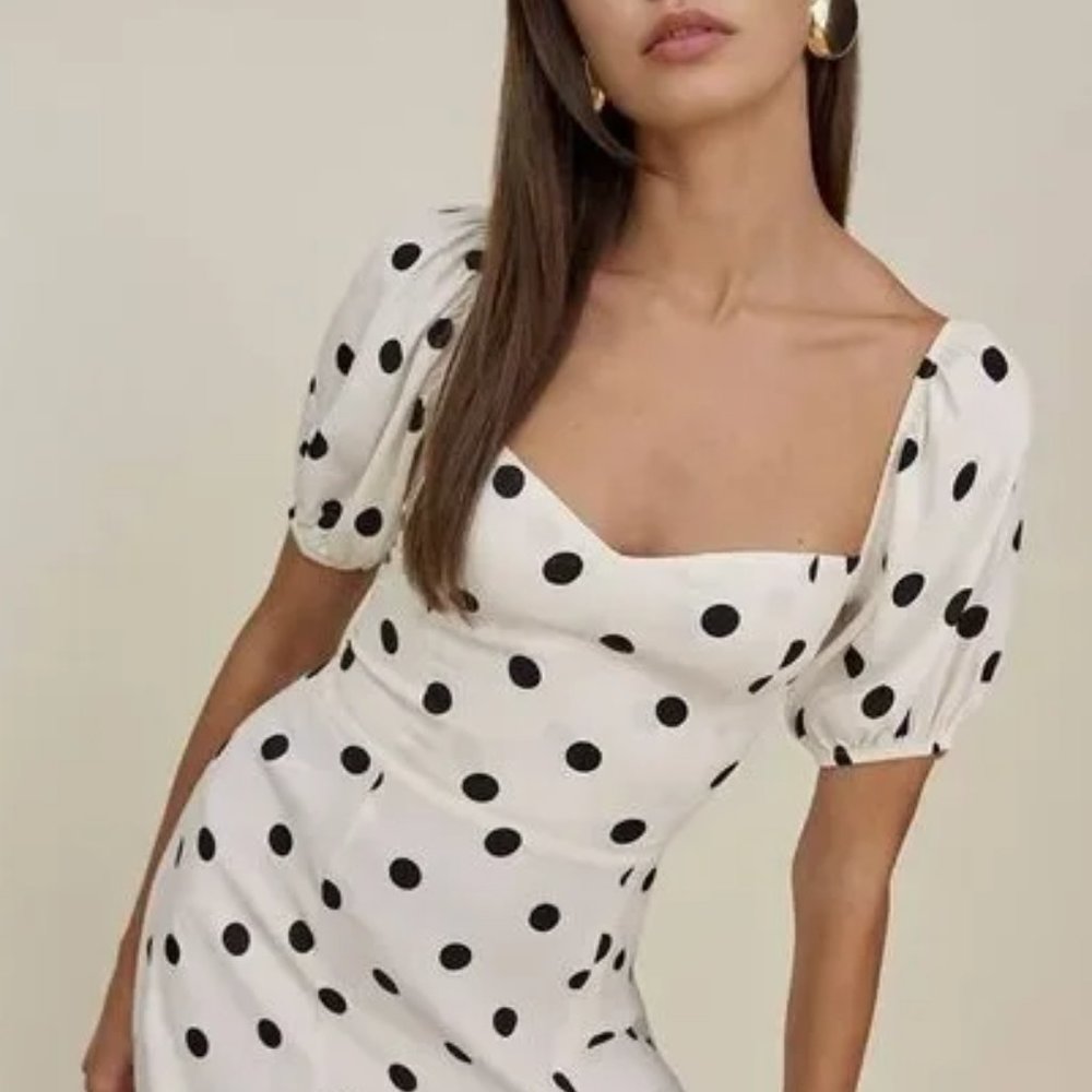 Faithfull the Brand White & Black Polka Dots Puff Sleeve Maxi Dress Women Size 4